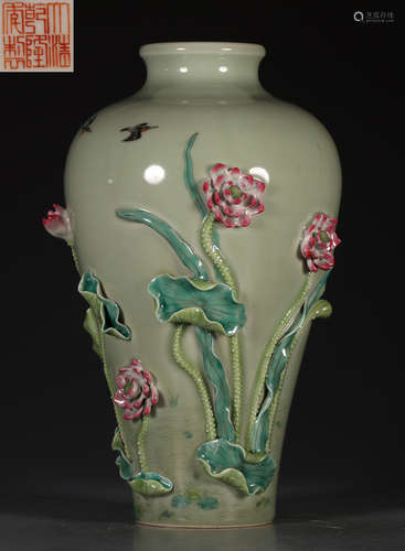 A BEAN GREEN GLAZE LOTUS PATTERN MEI VASE