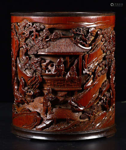 A BAMBOO CARVED FIGURE STORY PATTERN BRUSH POT