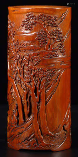 A BAMBOO CARVED FIGURE STORY PATTERN BRUSH POT