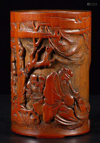 A BAMBOO CARVED FIGURE STORY PATTERN BRUSH POT