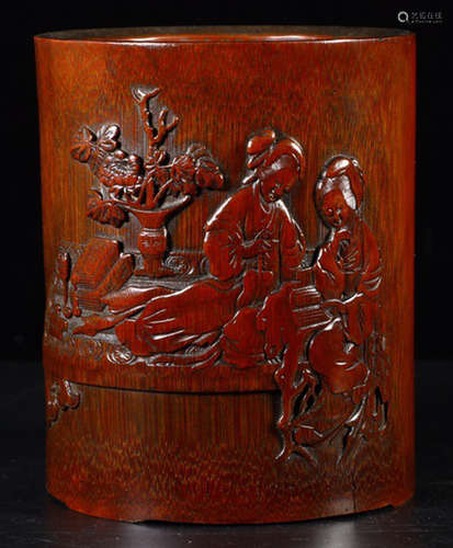 A BAMBOO CARVED FIGURE STORY PATTERN BRUSH POT