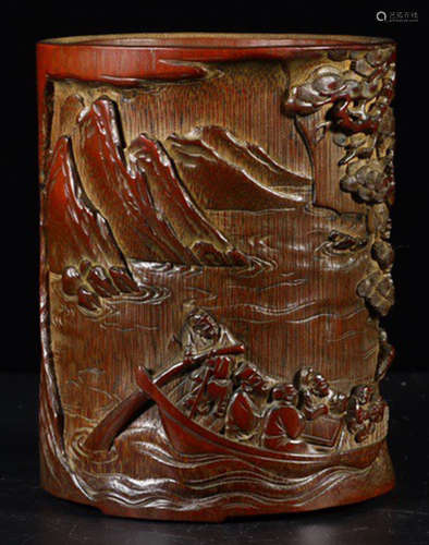 A BAMBOO CARVED FIGURE STORY PATTERN BRUSH POT