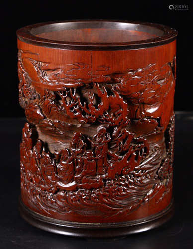 A BAMBOO CARVED FIGURE STORY PATTERN BRUSH POT