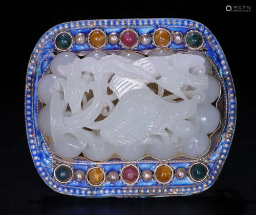 A SILVER ENAMLING BLUE WITH HETIAN JADE BELT BUCKLE