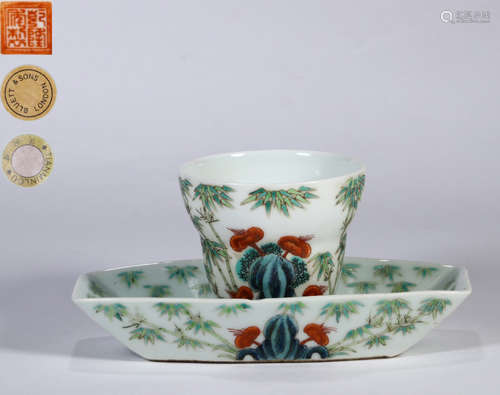 PAIR OF FAMILLE ROSE GLAZE BAMBOO PATTERN CUP&SAUCER