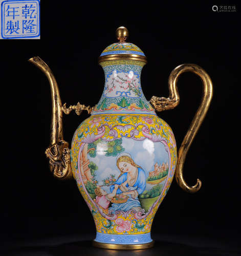 AN ENAMELED GLAZE FIGURE PATTERN LIFTING POT