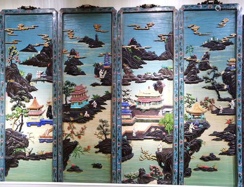 SET OF CLOISONNE WITH GEM LANDSCAPE PATTERN SCREENS