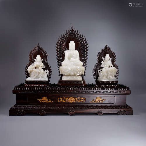 Set Of Hetian Jade Guanyin Ornaments With Base