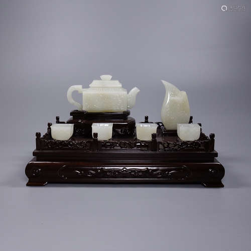 Set Of Hetian Jade Teapot&Cups With Base