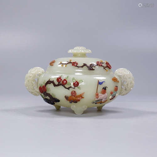 A Hetian Jade Censer Embeded Gems