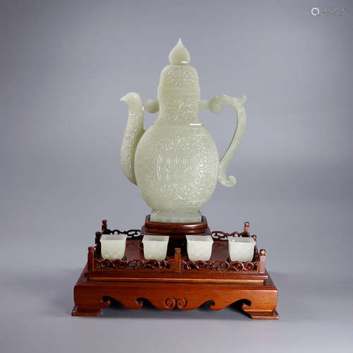 Set Of Hetian Jade Pot&Cups With Base