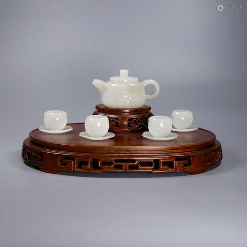 Set Of Hetian Jade Teapot&Cups With Base