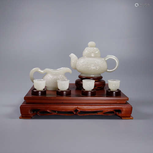 Set Of Hetian Jade Teapot&Cups With Base