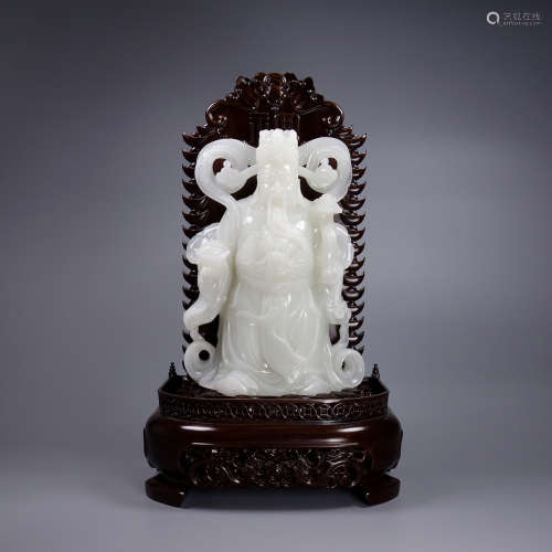 A Hetian Jade Caishen Ornament With Base