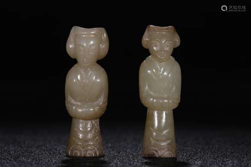 Pair Of Hetian Jade Figure Statues