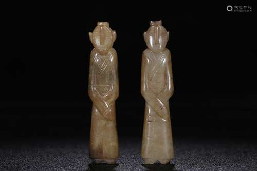 Pair Of Hetian Jade Figure Statues