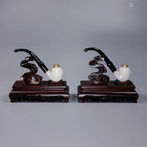 Pair Of Hetian Jade Pipes With Bases