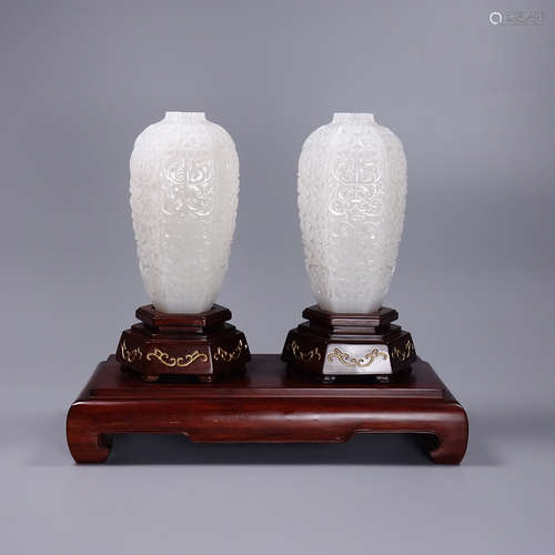 Pair Of Hetian Jade Meiping Vases With Base