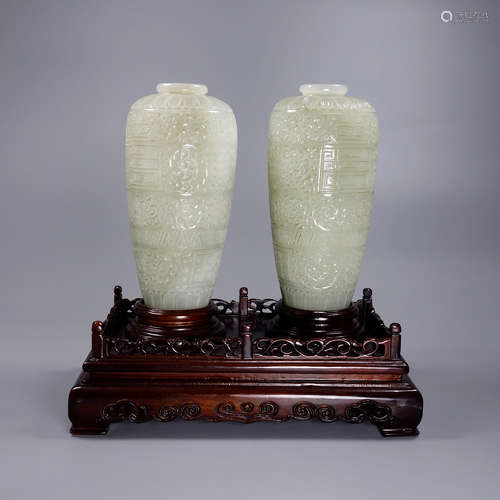 Pair Of Hetian Jade Meiping Vases With Base