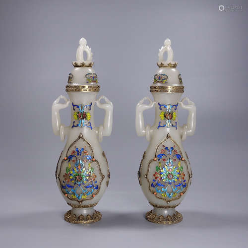 Pair Of Hetian Jade Vases Embeded Gilt Silver&Cloisonne