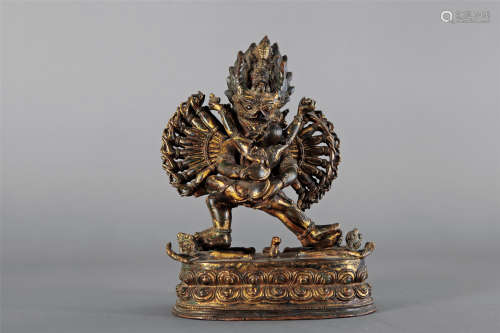 十八世纪 汉藏风格铸青铜鎏金大威德金刚双身像