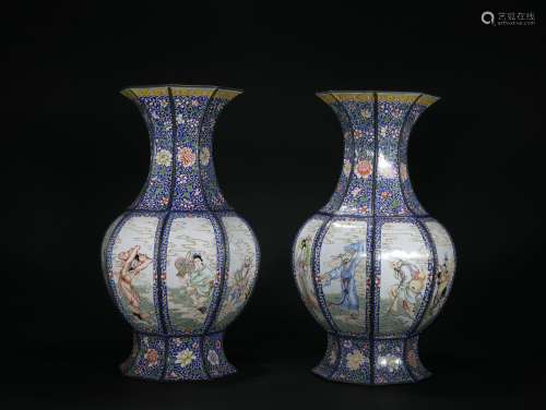 Qing dynasty Enamel figure vase 1*pair