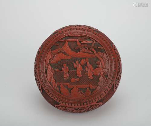Qing dynasty carved lacquerware jewelry box with landscape  pattern