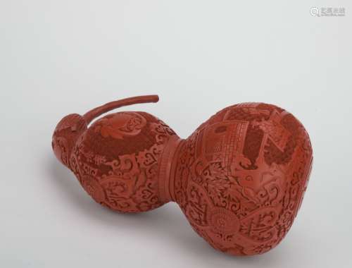 Qing dynasty carved lacquerware gourd ornament with landscape pattern