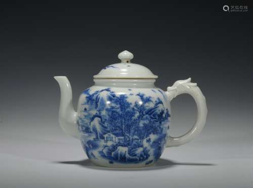 Qing dynasty blue and white teapot with landscape pattern