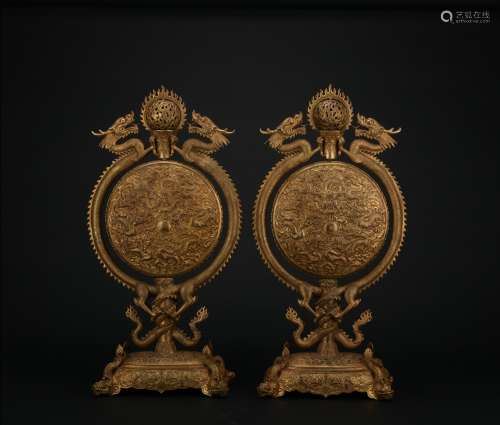 Qing dynasty gilt bronze dragon play with bead 1*pair
