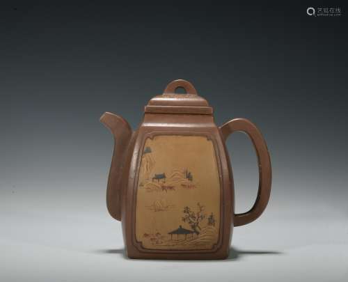 Qing dynasty Zisha pot with landscape and poems pattern