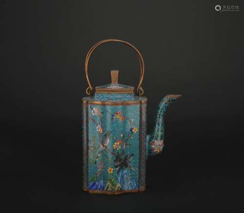 Qing dynasty cloisonne tea pot with  flowers and birds pattern