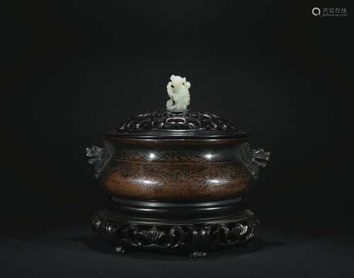 Qing dynasty inlaid silver bronze incense burner