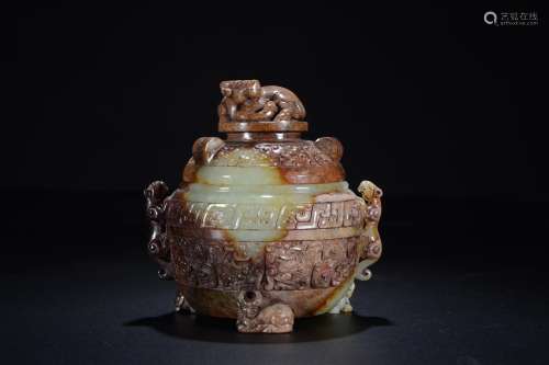 ARCHAIC JADE CARVED 'CHILONG' TRIPOD CENSER WITH LID AND HANDLES