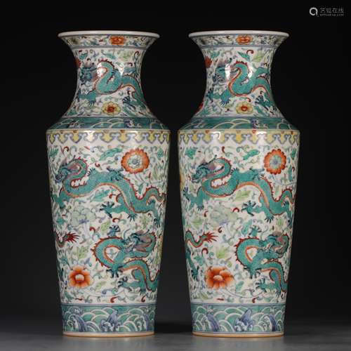 PAIR OF DOUCAI 'DRAGONS' BOTTLE VASES