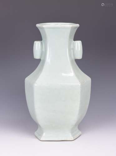 CELADON GLAZED HEXAGONAL VASE WITH LUG HANDLES