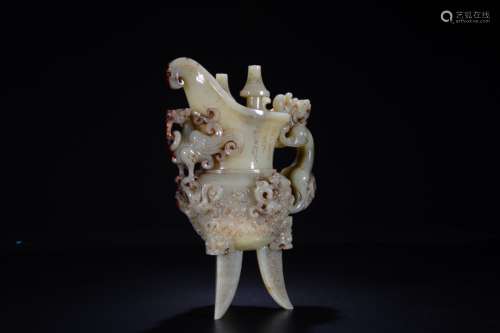 ARCHAIC JADE OPENWORK CARVED 'CHILONG' RITUAL WINE CUP, JUE