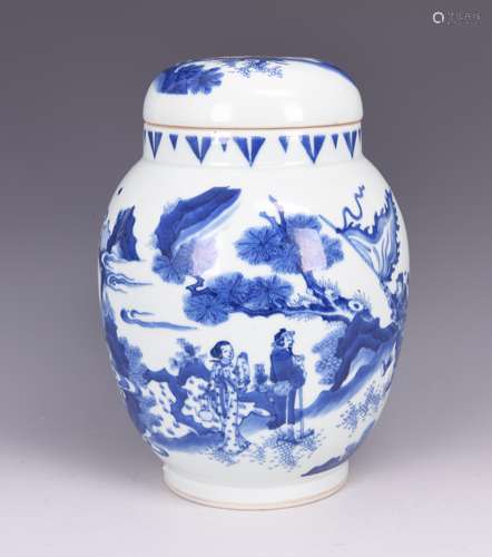 BLUE AND WHITE 'WARRIORS' JAR WITH LID