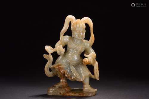 CELADON JADE CARVED WRATHFUL DEITY