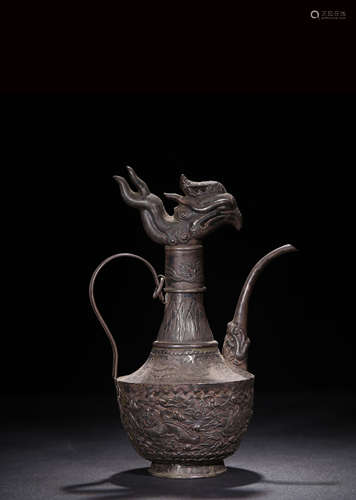 SILVER CAST AND CARVED 'CHICKEN HEAD' WINE EWER