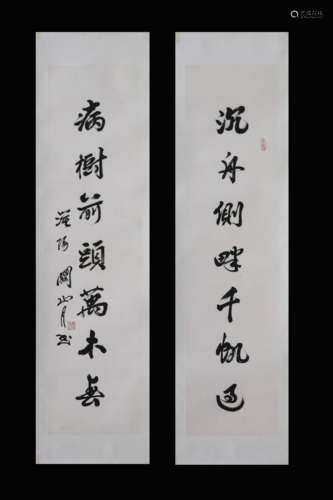 GUAN SHANYUE: PAIR OF INK ON PAPER RHYTHM COUPLET CALLIGRAPHY SCROLLS