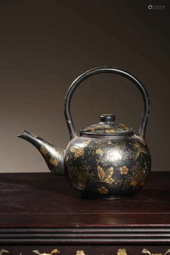 JAPANESE BRONZE AND GILT 'BUTTERFLIES' TEAPOT WITH LIFTING HANDLE