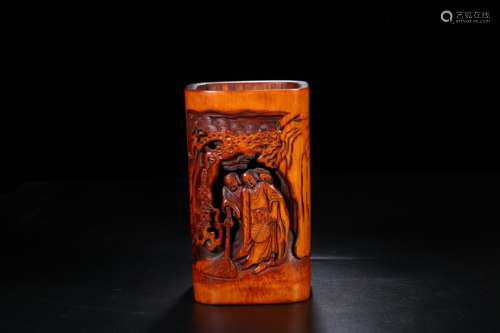 BAMBOO RELIEF CARVED 'PEOPLE' RECTANGULAR BRUSH POT