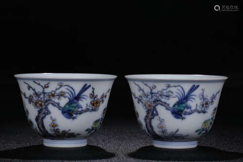 PAIR OF DOUCAI 'MAGPIE BIRDS' CUPS