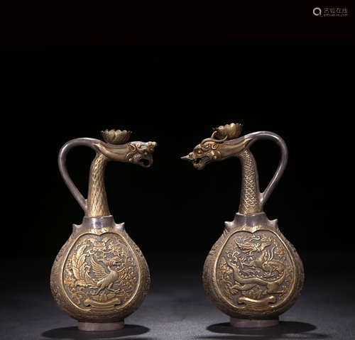 PAIR OF GILT SILVER 'DRAGON AND PHOENIX' WINE EWERS