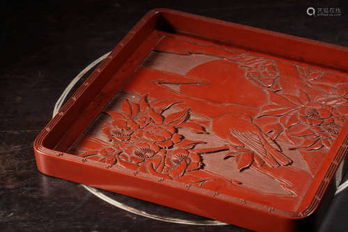 CINNABAR LACQUER AND CARVED 'FLOWERS' RECTANGULAR DISH