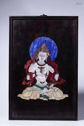 APPLIQUE MOTHER-OF-PEARL LAYERED 'BODHISATTVA' WOODEN HANGING PLAQUE