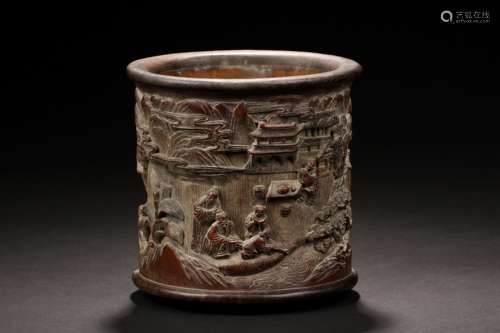 BAMBOO RELIEF CARVED BRUSH POT