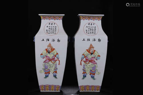 PAIR OF RECTANGULAR 'WARRIORS AND CALLIGRAPHY' VASES