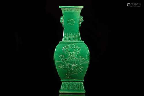 GREEN GLAZED AND CARVED 'DRAGON AND PHOENIX' VASE